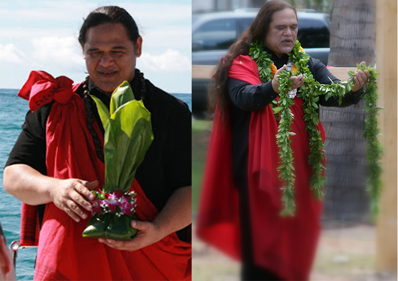 Kahu Elias Parker in a red sash holding ti leaves in prayer